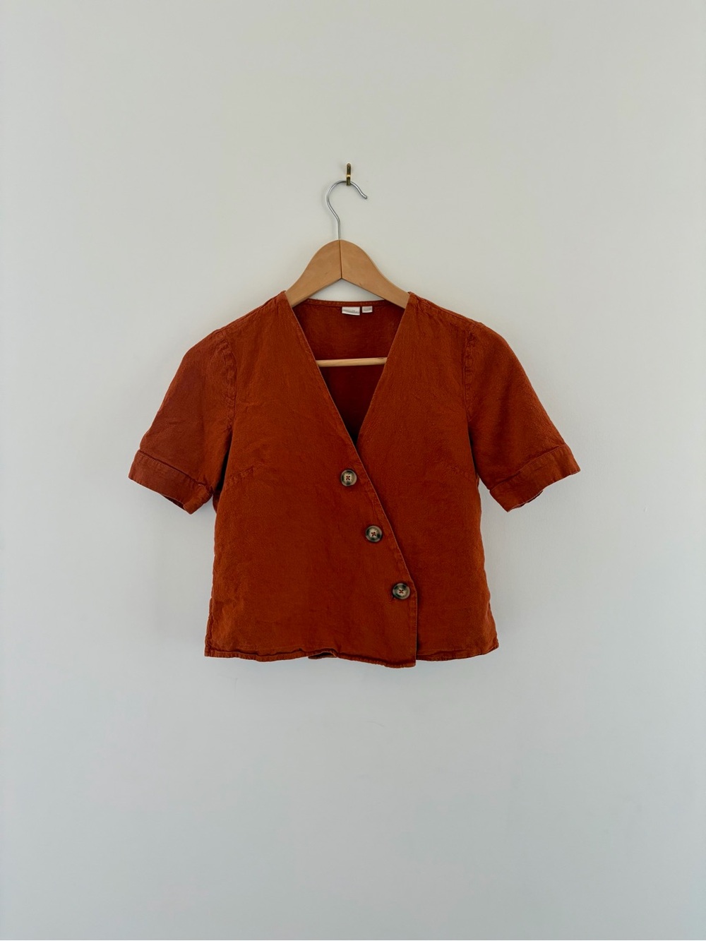 twik Burnt Orange Short Sleeve Wrap Button Top, US P/S
